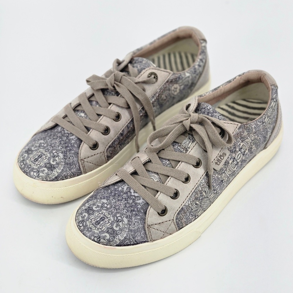Taos Plim Soul Lux Sneaker Taupe Paisley Leather Orthotic Lace Up Womens 9.5 EUC